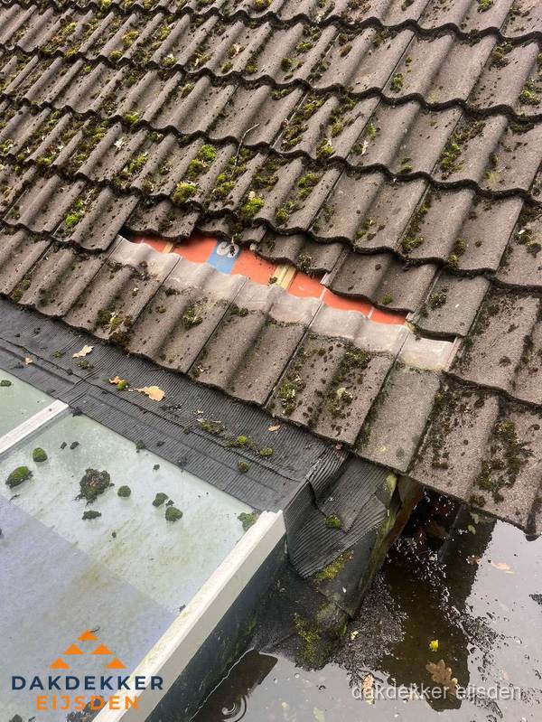 Beschadigd pannendak met ontbrekende dakpannen voor reparatie in Eijsden Beschadigd pannendak met ontbrekende dakpannen voor reparatie in Eijsden